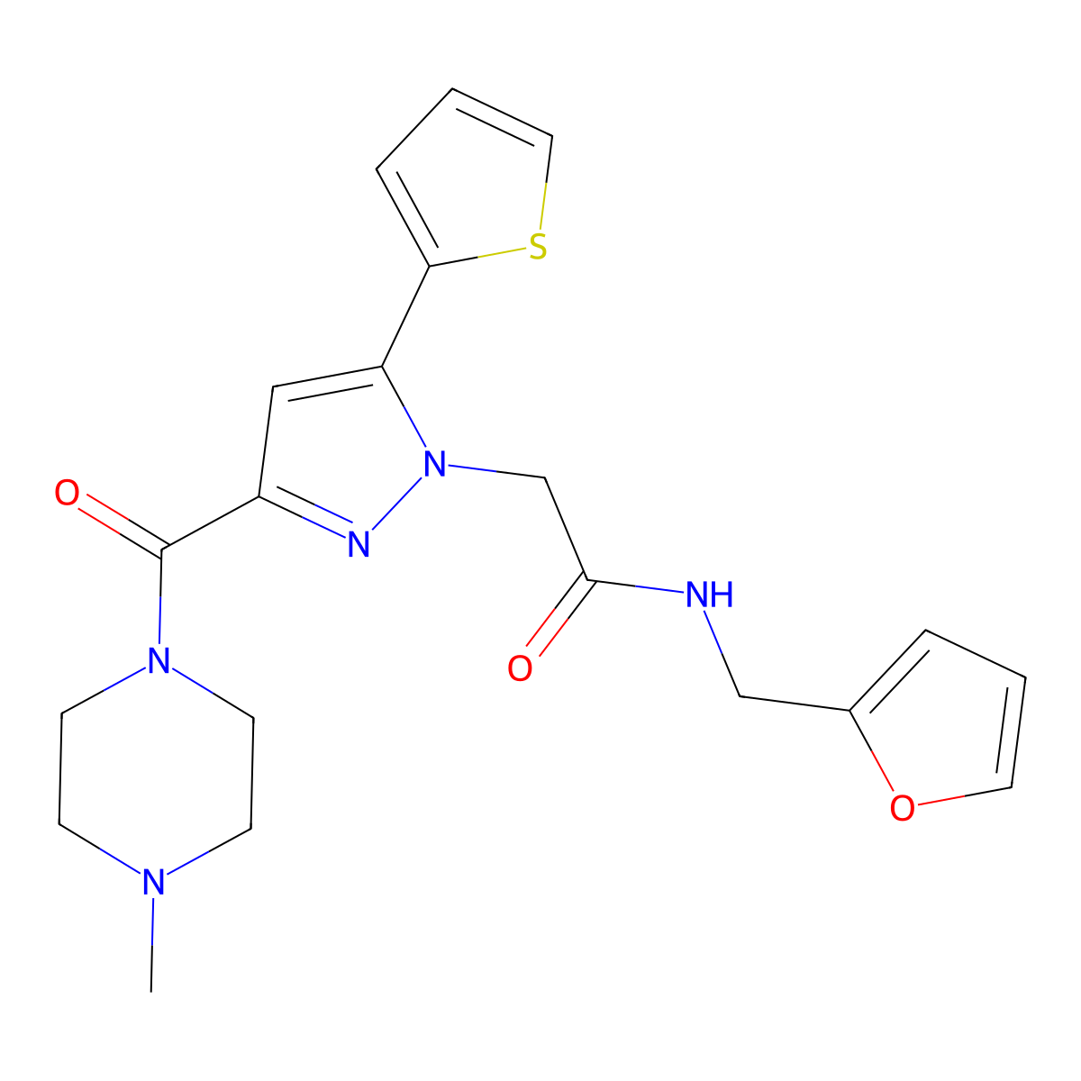 N-(furan-2-ylmethyl)-2-(3-(4-methylpiperazine-1-carbonyl)-5-(thiophen-2-yl)-1H-pyrazol-1-yl)acetamide molecular structure, CAS 1172306-39-6