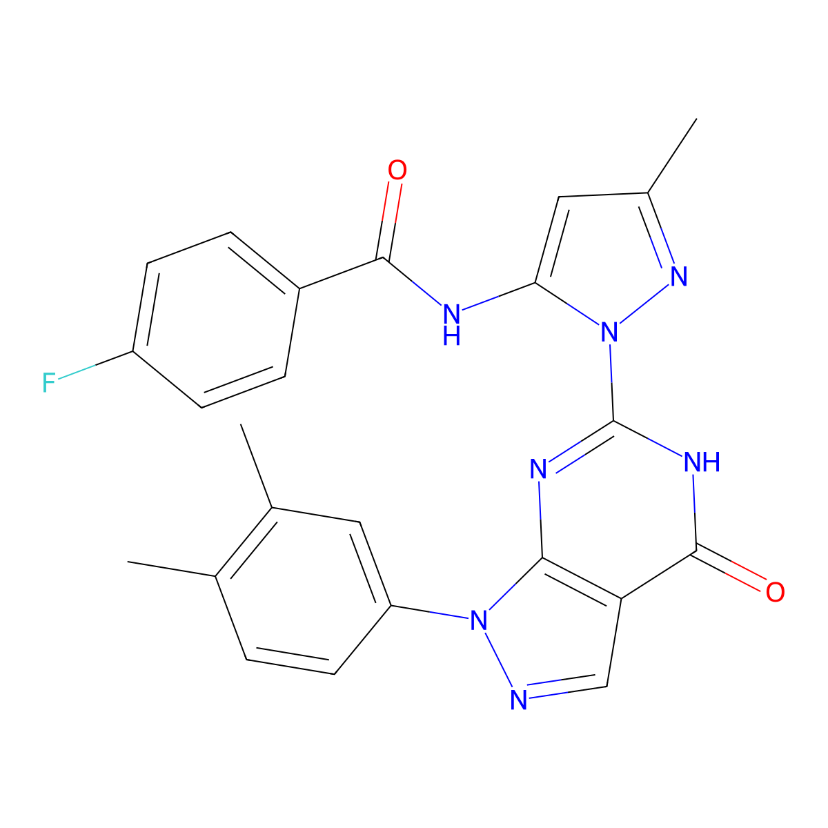 N-(1-(1-(3,4-dimethylphenyl)-4-oxo-4,5-dihydro-1H-pyrazolo[3,4-d]pyrimidin-6-yl)-3-methyl-1H-pyrazol-5-yl)-4-fluorobenzamide molecular structure, CAS 1172307-58-2