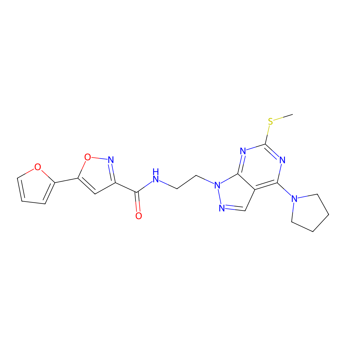5-(furan-2-yl)-N-(2-(6-(methylthio)-4-(pyrrolidin-1-yl)-1H-pyrazolo[3,4-d]pyrimidin-1-yl)ethyl)isoxazole-3-carboxamide molecular structure, CAS 1172308-97-2