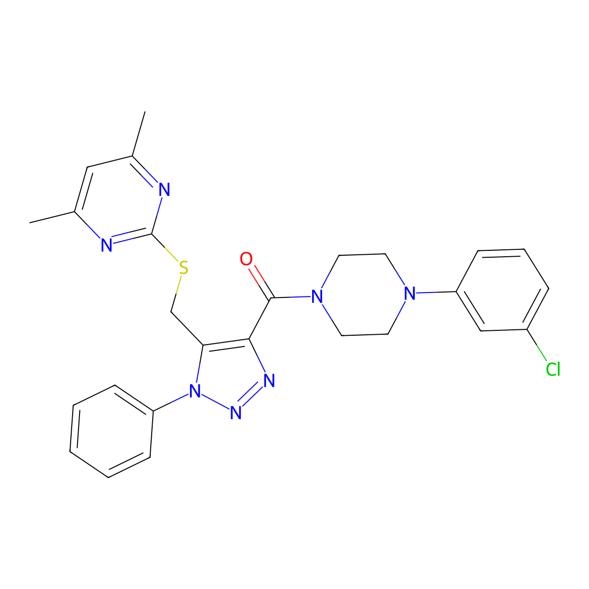 (4-(3-chlorophenyl)piperazin-1-yl)(5-(((4,6-dimethylpyrimidin-2-yl)thio)methyl)-1-phenyl-1H-1,2,3-triazol-4-yl)methanone molecular structure, CAS 1172309-91-9