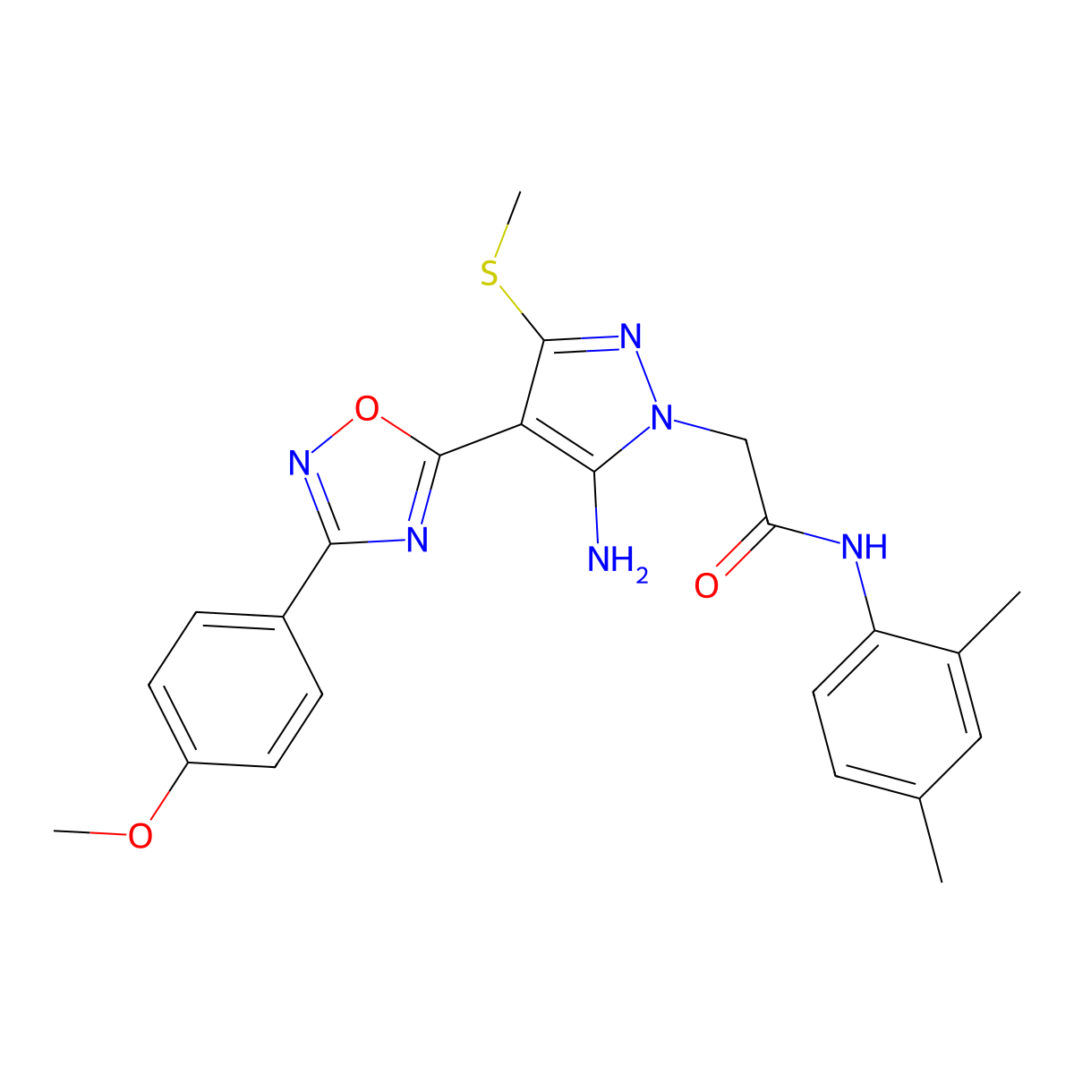 2-{5-amino-4-[3-(4-methoxyphenyl)-1,2,4-oxadiazol-5-yl]-3-(methylsulfanyl)-1H-pyrazol-1-yl}-N-(2,4-dimethylphenyl)acetamide molecular structure, CAS 1172310-85-8
