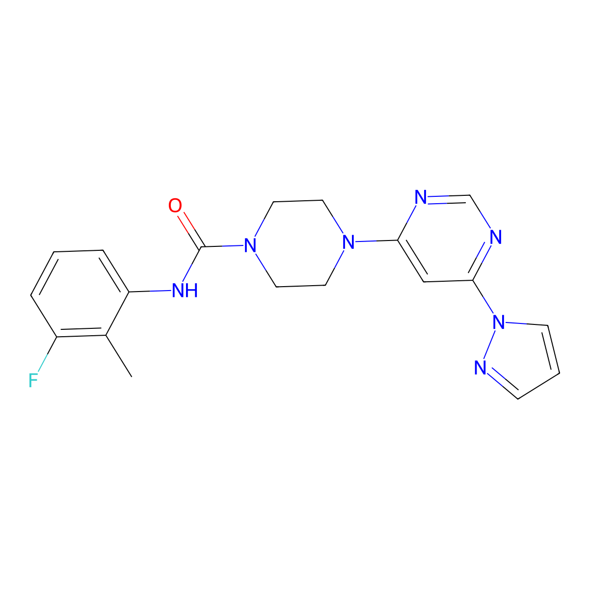 4-(6-(1H-pyrazol-1-yl)pyrimidin-4-yl)-N-(3-fluoro-2-methylphenyl)piperazine-1-carboxamide molecular structure, CAS 1172311-46-4