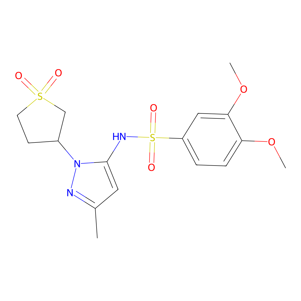 N-(1-(1,1-dioxidotetrahydrothiophen-3-yl)-3-methyl-1H-pyrazol-5-yl)-3,4-dimethoxybenzenesulfonamide molecular structure, CAS 1172312-40-1