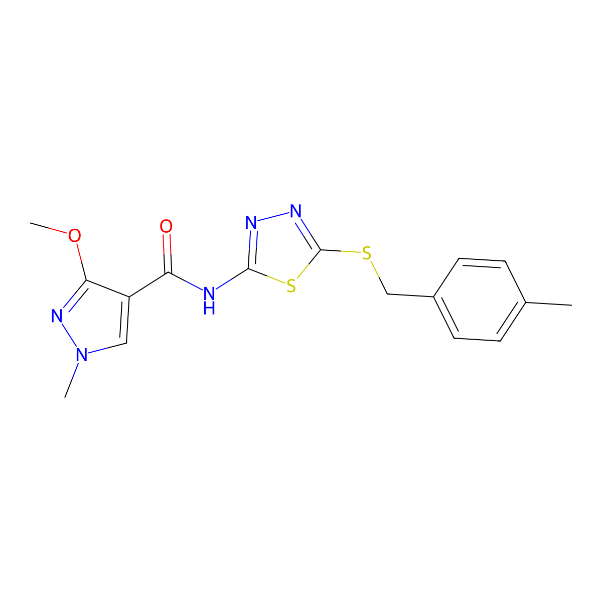 3-methoxy-1-methyl-N-(5-((4-methylbenzyl)thio)-1,3,4-thiadiazol-2-yl)-1H-pyrazole-4-carboxamide molecular structure, CAS 1172312-75-2