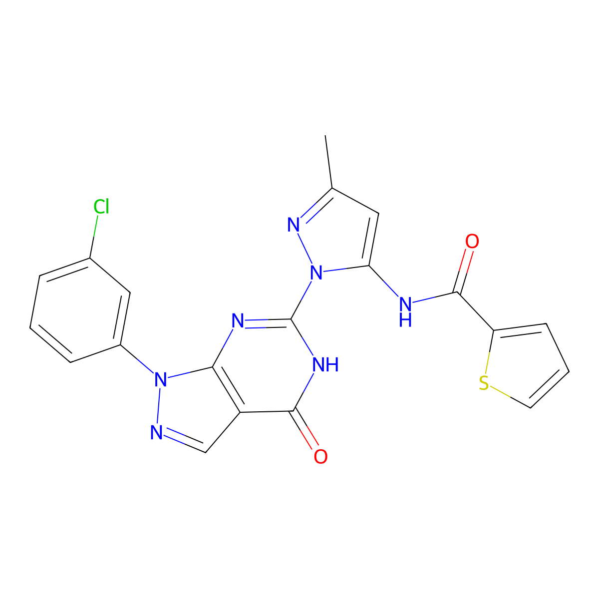 N-(1-(1-(3-chlorophenyl)-4-oxo-4,5-dihydro-1H-pyrazolo[3,4-d]pyrimidin-6-yl)-3-methyl-1H-pyrazol-5-yl)thiophene-2-carboxamide molecular structure, CAS 1172313-87-9