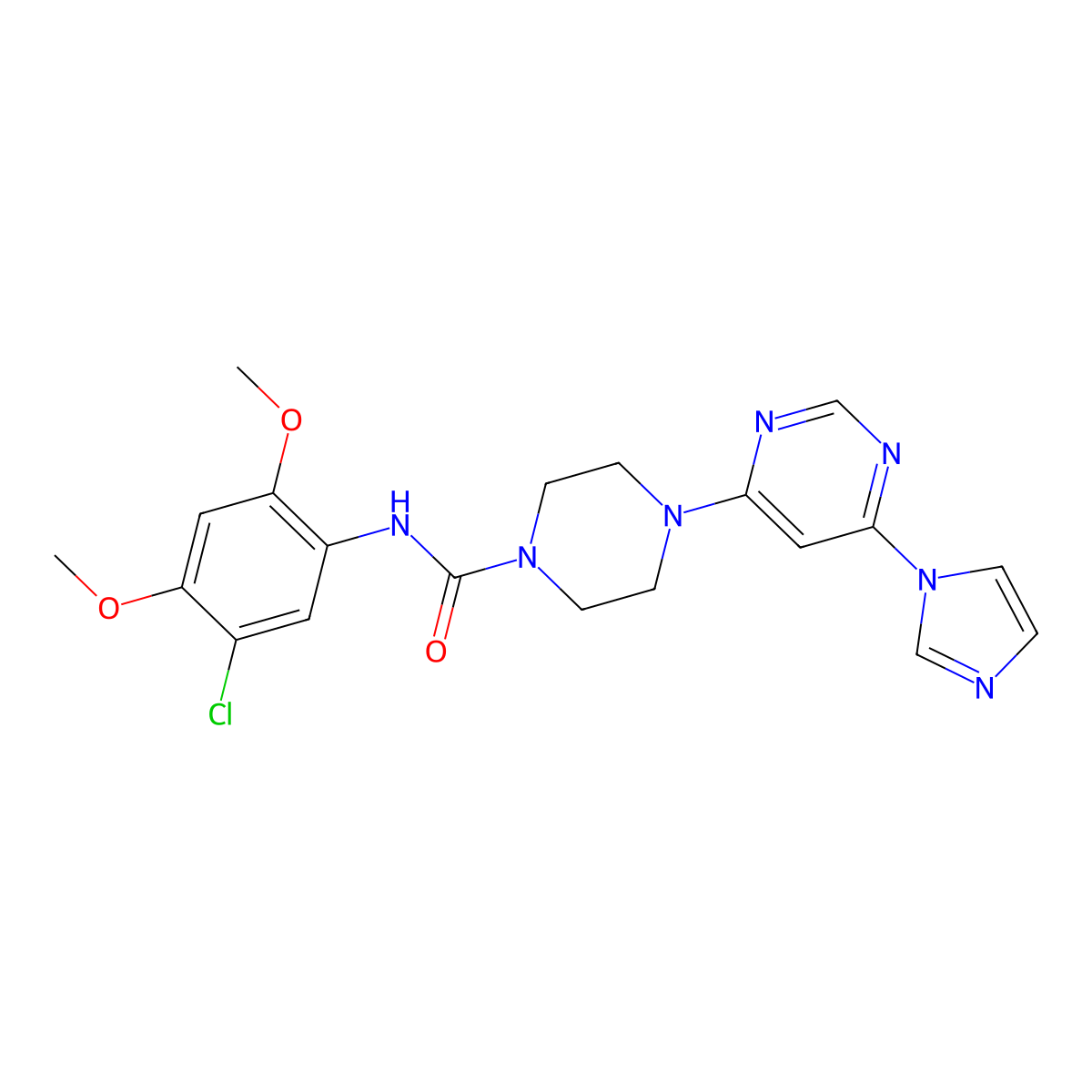 4-(6-(1H-imidazol-1-yl)pyrimidin-4-yl)-N-(5-chloro-2,4-dimethoxyphenyl)piperazine-1-carboxamide molecular structure, CAS 1172317-06-4