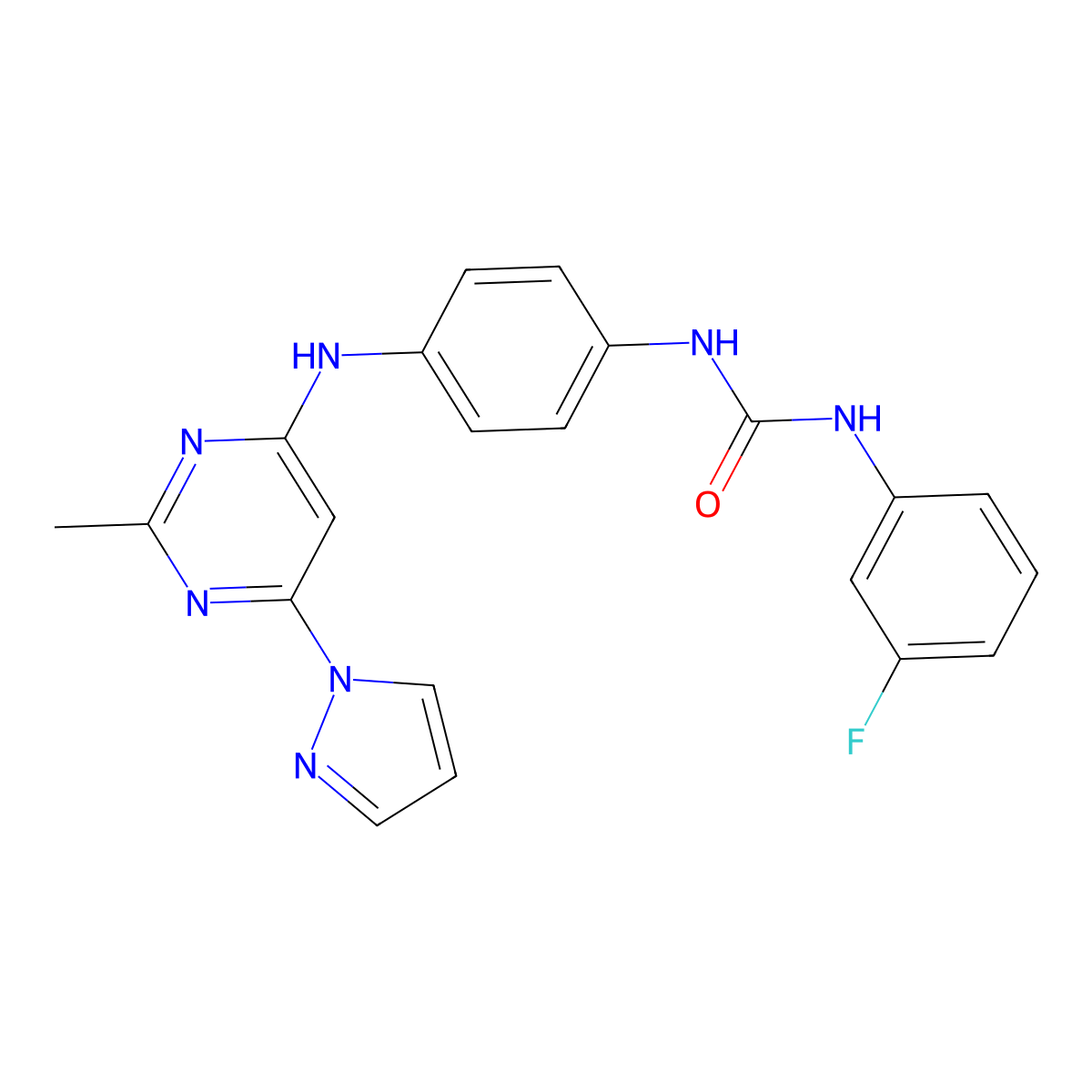 1-(3-fluorophenyl)-3-(4-((2-methyl-6-(1H-pyrazol-1-yl)pyrimidin-4-yl)amino)phenyl)urea molecular structure, CAS 1172317-89-3