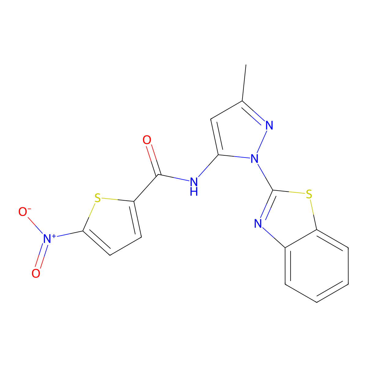 N-(1-(benzo[d]thiazol-2-yl)-3-methyl-1H-pyrazol-5-yl)-5-nitrothiophene-2-carboxamide molecular structure, CAS 1172318-39-6