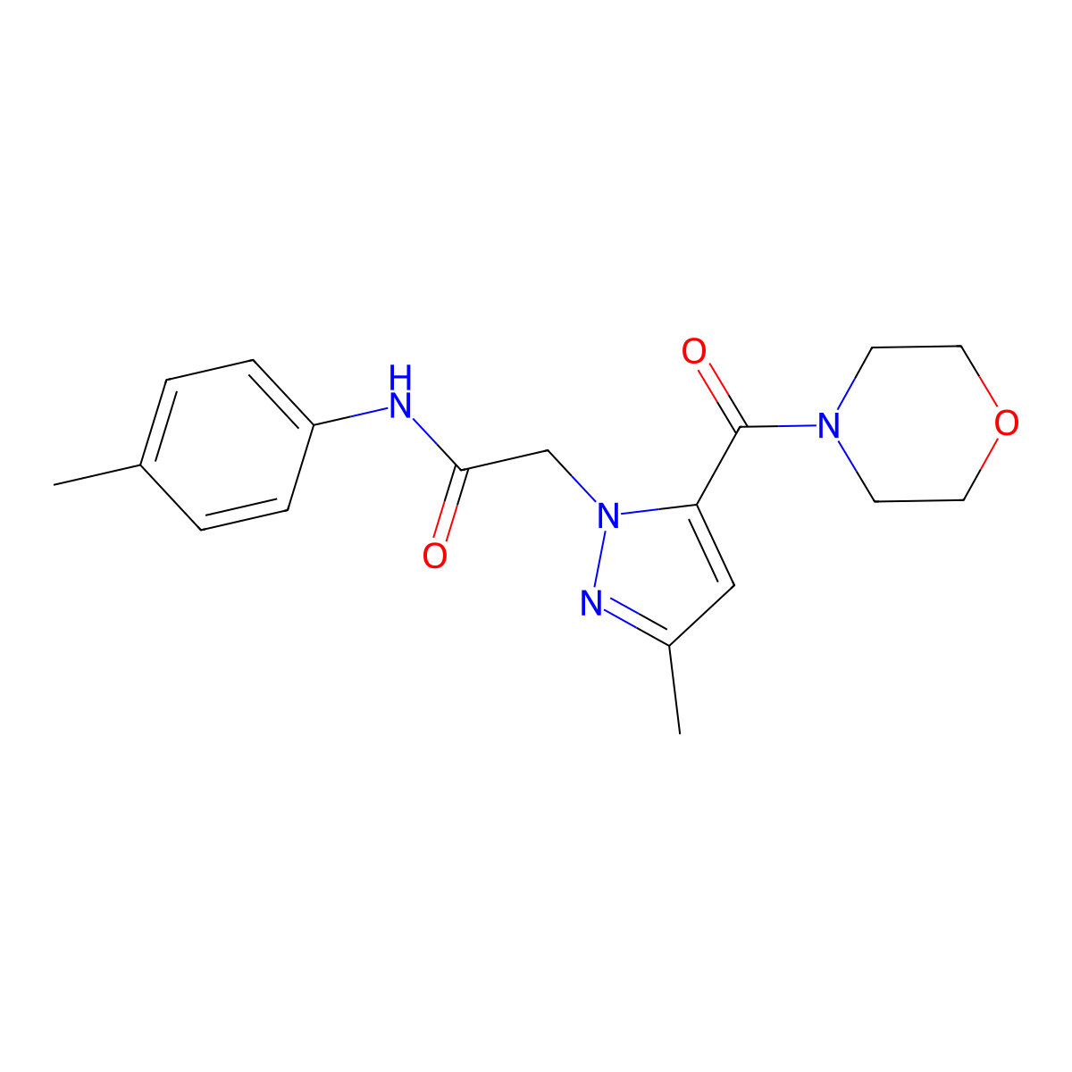 2-(3-methyl-5-(morpholine-4-carbonyl)-1H-pyrazol-1-yl)-N-(p-tolyl)acetamide molecular structure, CAS 1172318-48-7