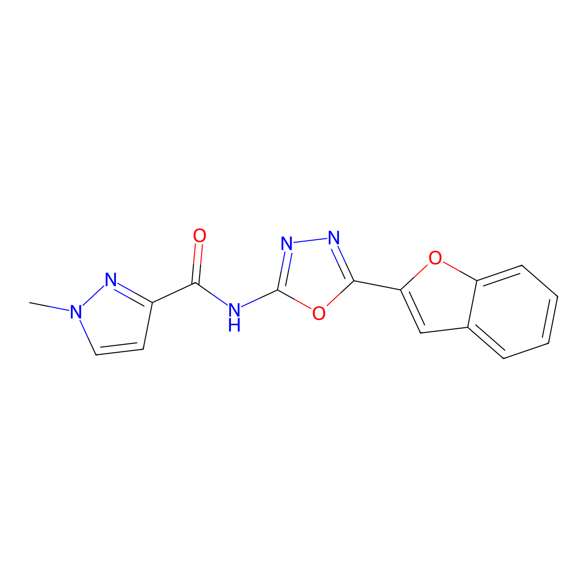 N-[5-(1-benzofuran-2-yl)-1,3,4-oxadiazol-2-yl]-1-methyl-1H-pyrazole-3-carboxamide molecular structure, CAS 1172323-97-5