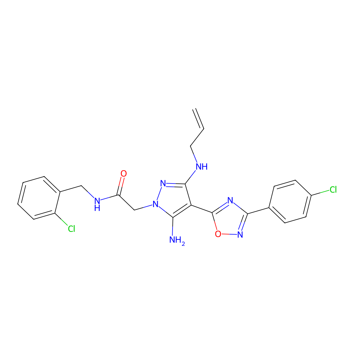 2-(3-(allylamino)-5-amino-4-(3-(4-chlorophenyl)-1,2,4-oxadiazol-5-yl)-1H-pyrazol-1-yl)-N-(2-chlorobenzyl)acetamide molecular structure, CAS 1172324-85-4
