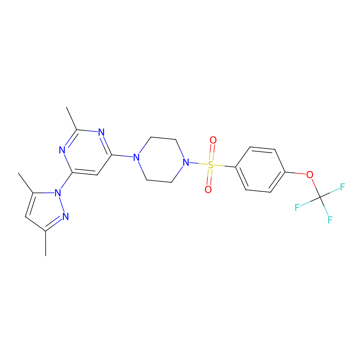 4-(3,5-dimethyl-1H-pyrazol-1-yl)-2-methyl-6-(4-((4-(trifluoromethoxy)phenyl)sulfonyl)piperazin-1-yl)pyrimidine molecular structure, CAS 1172326-04-3