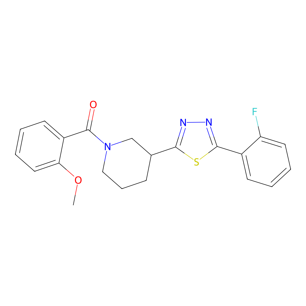 (3-(5-(2-Fluorophenyl)-1,3,4-thiadiazol-2-yl)piperidin-1-yl)(2-methoxyphenyl)methanone molecular structure, CAS 1172327-87-5