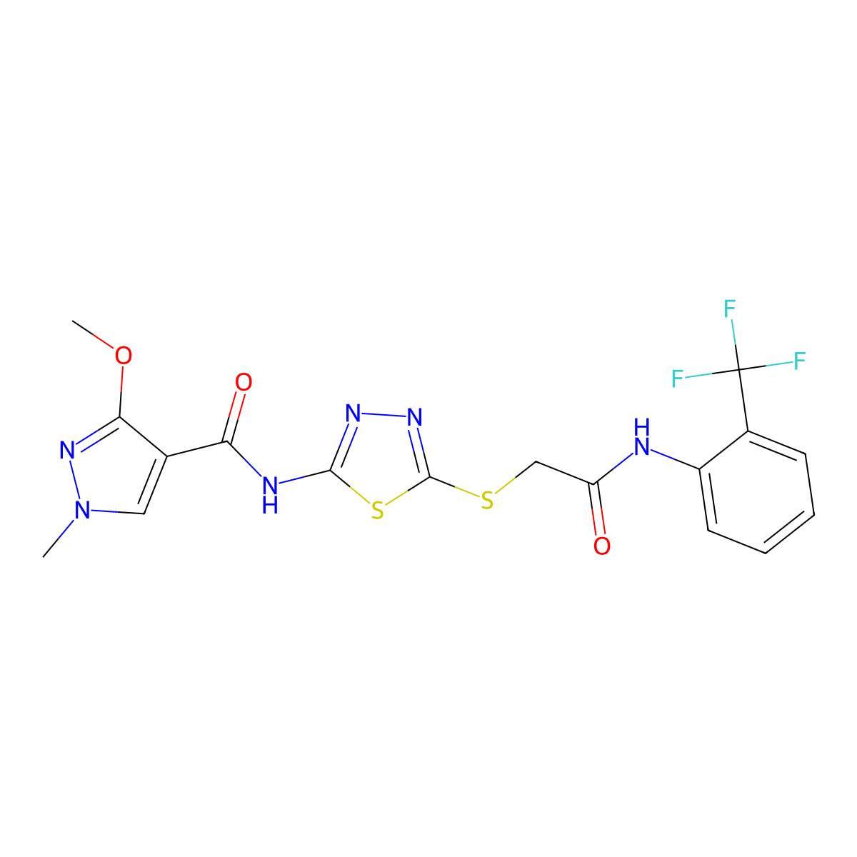 3-methoxy-1-methyl-N-{5-[({[2-(trifluoromethyl)phenyl]carbamoyl}methyl)sulfanyl]-1,3,4-thiadiazol-2-yl}-1H-pyrazole-4-carboxamide molecular structure, CAS 1172329-13-3