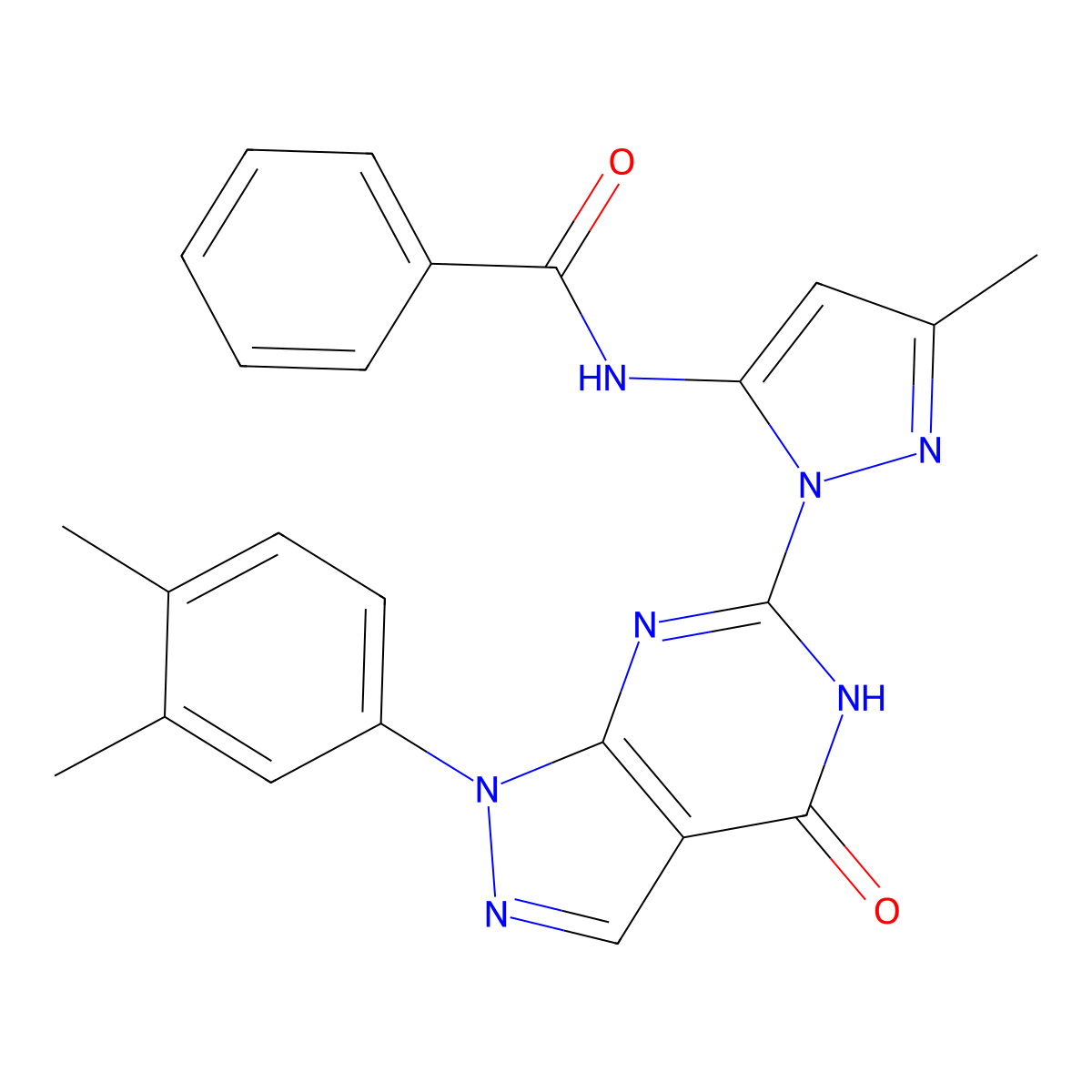 N-(1-(1-(3,4-dimethylphenyl)-4-oxo-4,5-dihydro-1H-pyrazolo[3,4-d]pyrimidin-6-yl)-3-methyl-1H-pyrazol-5-yl)benzamide molecular structure, CAS 1172333-30-0