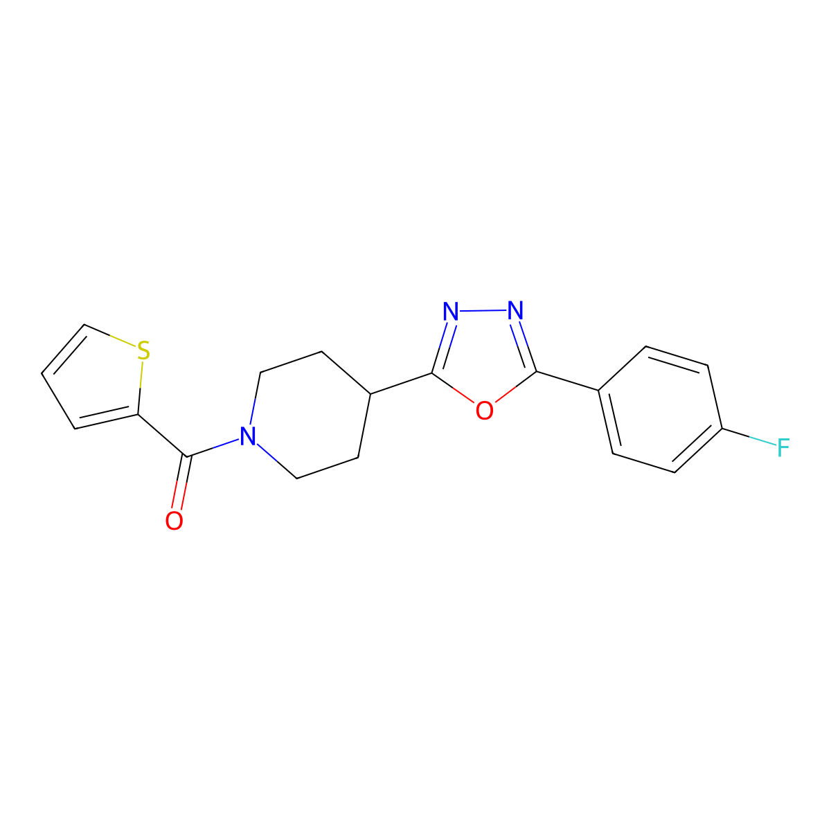 (4-(5-(4-Fluorophenyl)-1,3,4-oxadiazol-2-yl)piperidin-1-yl)(thiophen-2-yl)methanone molecular structure, CAS 1172334-08-5