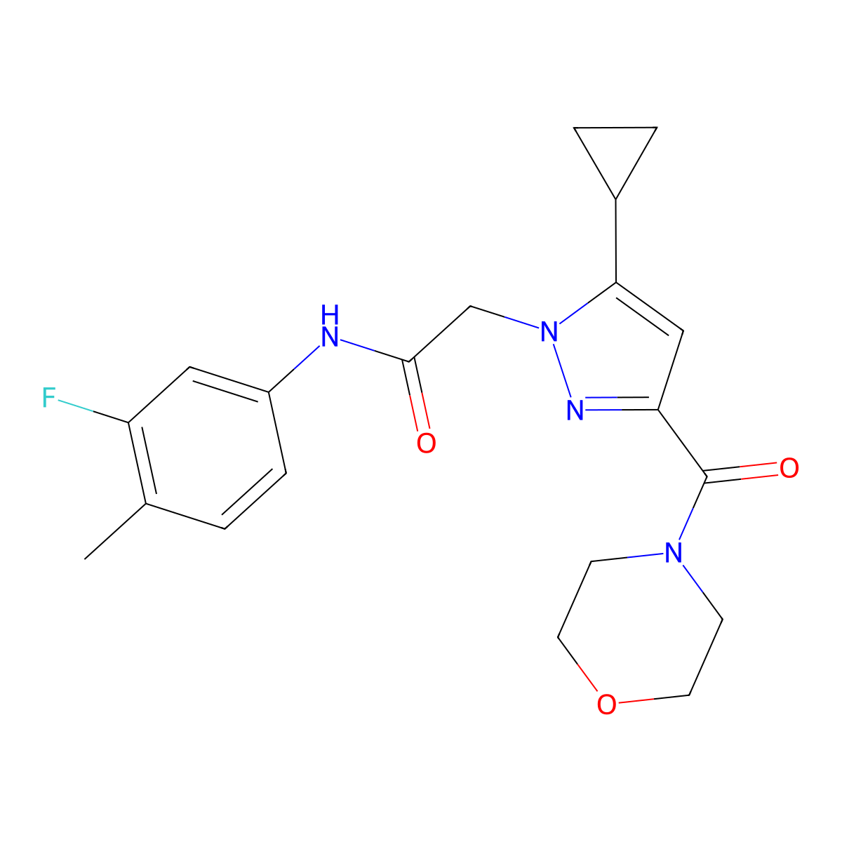 2-(5-cyclopropyl-3-(morpholine-4-carbonyl)-1H-pyrazol-1-yl)-N-(3-fluoro-4-methylphenyl)acetamide molecular structure, CAS 1172335-01-1