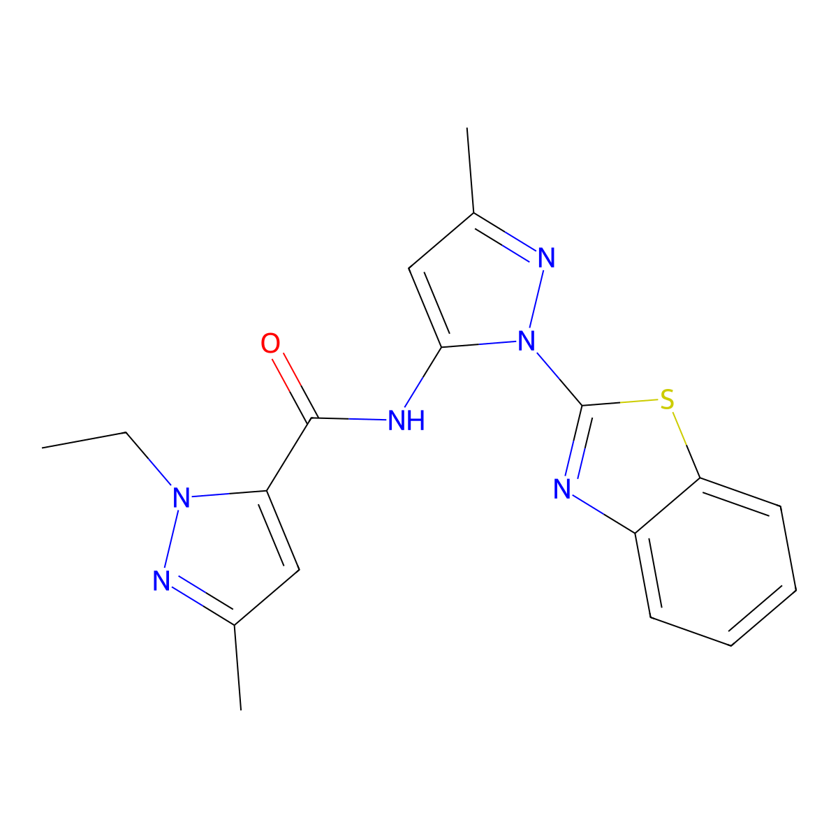 N-(1-(benzo[d]thiazol-2-yl)-3-methyl-1H-pyrazol-5-yl)-1-ethyl-3-methyl-1H-pyrazole-5-carboxamide molecular structure, CAS 1172335-73-7