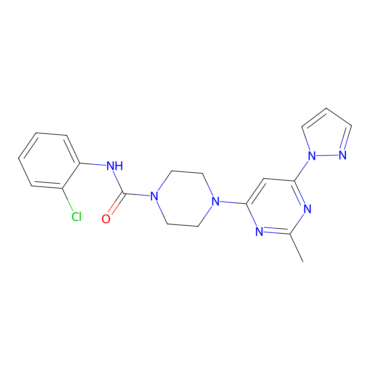 N-(2-chlorophenyl)-4-(2-methyl-6-(1H-pyrazol-1-yl)pyrimidin-4-yl)piperazine-1-carboxamide molecular structure, CAS 1172336-31-0
