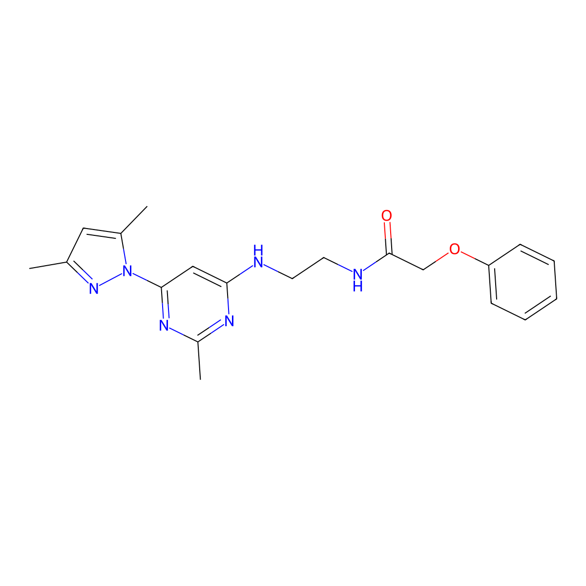 N-(2-((6-(3,5-dimethyl-1H-pyrazol-1-yl)-2-methylpyrimidin-4-yl)amino)ethyl)-2-phenoxyacetamide molecular structure, CAS 1172337-77-7