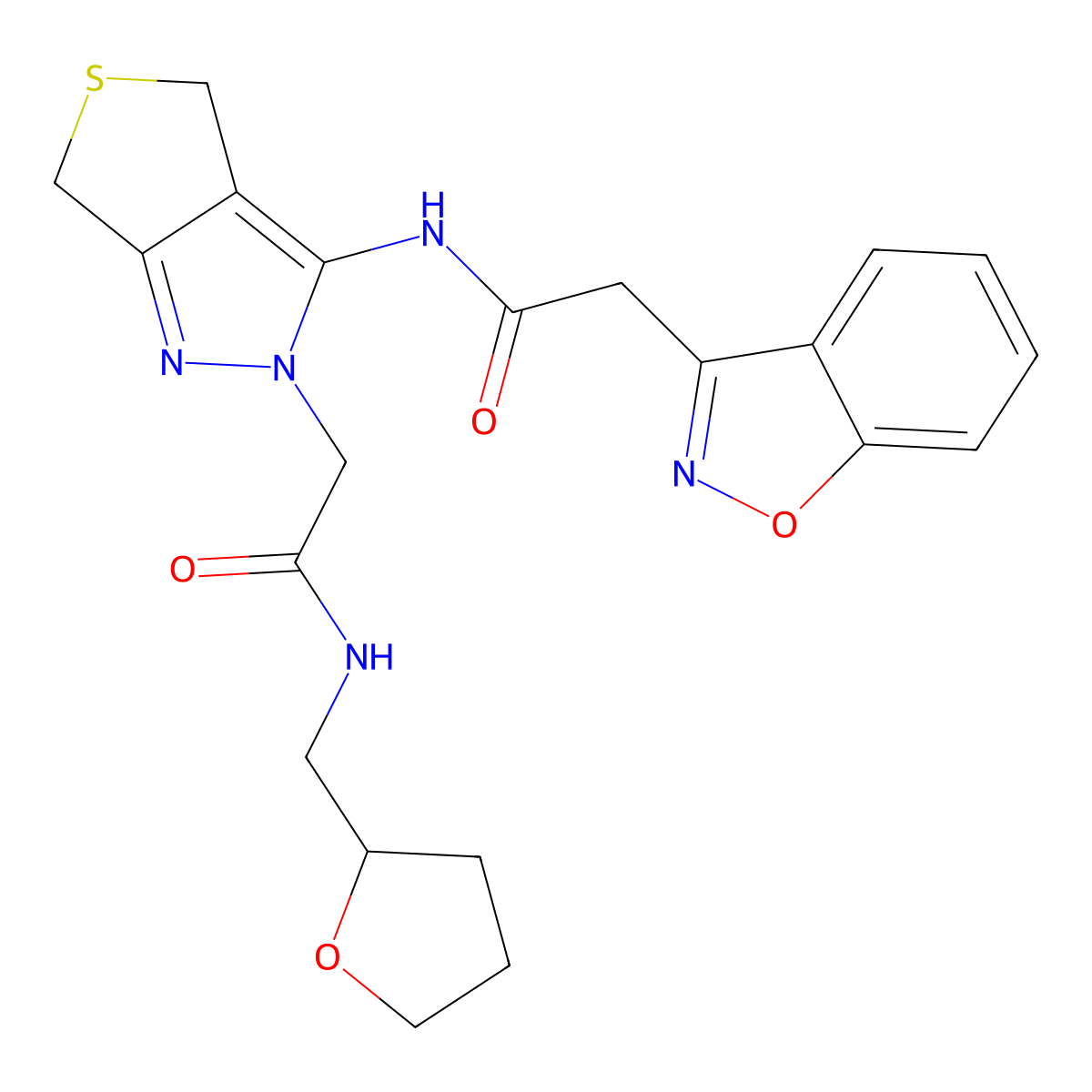 2-(benzo[d]isoxazol-3-yl)-N-(2-(2-oxo-2-(((tetrahydrofuran-2-yl)methyl)amino)ethyl)-4,6-dihydro-2H-thieno[3,4-c]pyrazol-3-yl)acetamide molecular structure, CAS 1172338-51-0