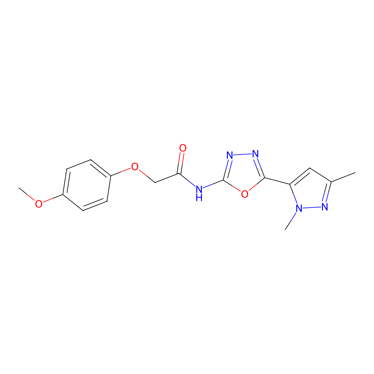 N-[5-(1,3-dimethyl-1H-pyrazol-5-yl)-1,3,4-oxadiazol-2-yl]-2-(4-methoxyphenoxy)acetamide molecular structure, CAS 1172340-52-1