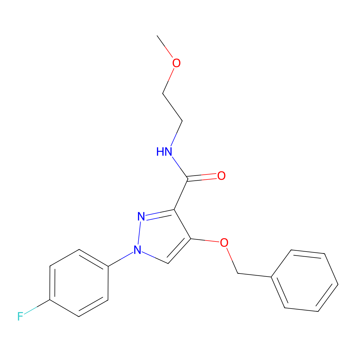 4-(benzyloxy)-1-(4-fluorophenyl)-N-(2-methoxyethyl)-1H-pyrazole-3-carboxamide molecular structure, CAS 1172340-68-9