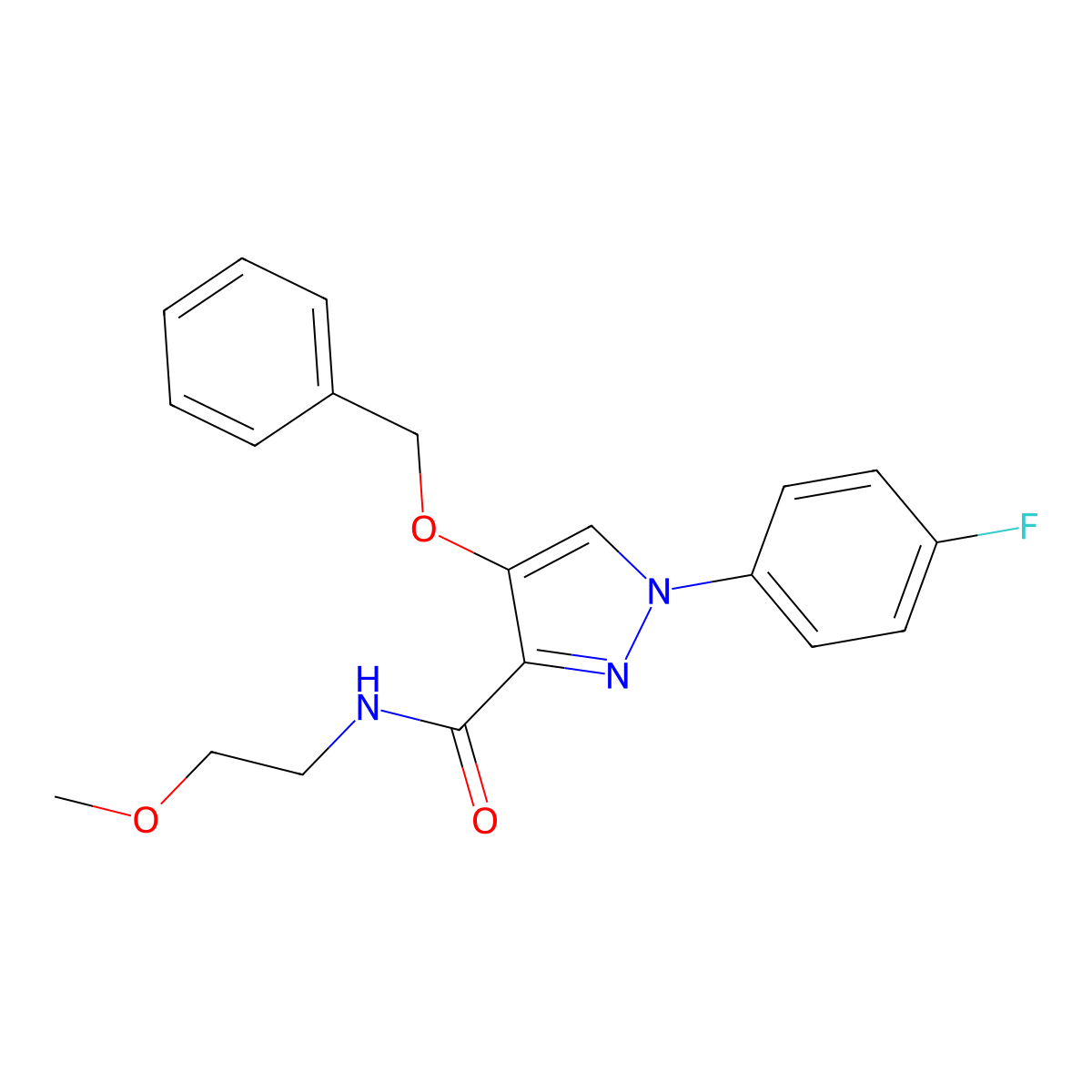 4-(benzyloxy)-1-(4-fluorophenyl)-N-(2-methoxyethyl)-1H-pyrazole-3-carboxamide molecular structure, CAS 1172340-68-9