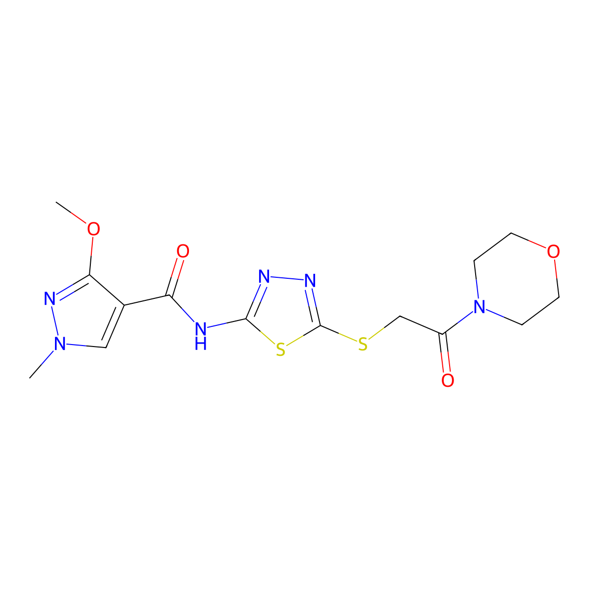 3-methoxy-1-methyl-N-(5-((2-morpholino-2-oxoethyl)thio)-1,3,4-thiadiazol-2-yl)-1H-pyrazole-4-carboxamide molecular structure, CAS 1172341-82-0