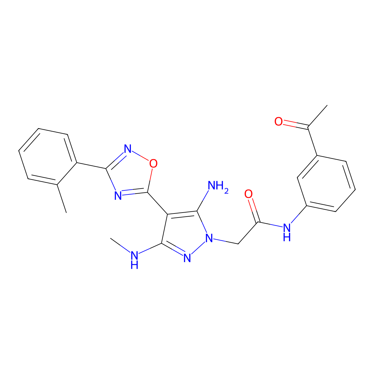 N-(3-acetylphenyl)-2-[5-amino-3-(methylamino)-4-[3-(2-methylphenyl)-1,2,4-oxadiazol-5-yl]-1H-pyrazol-1-yl]acetamide molecular structure, CAS 1172342-57-2