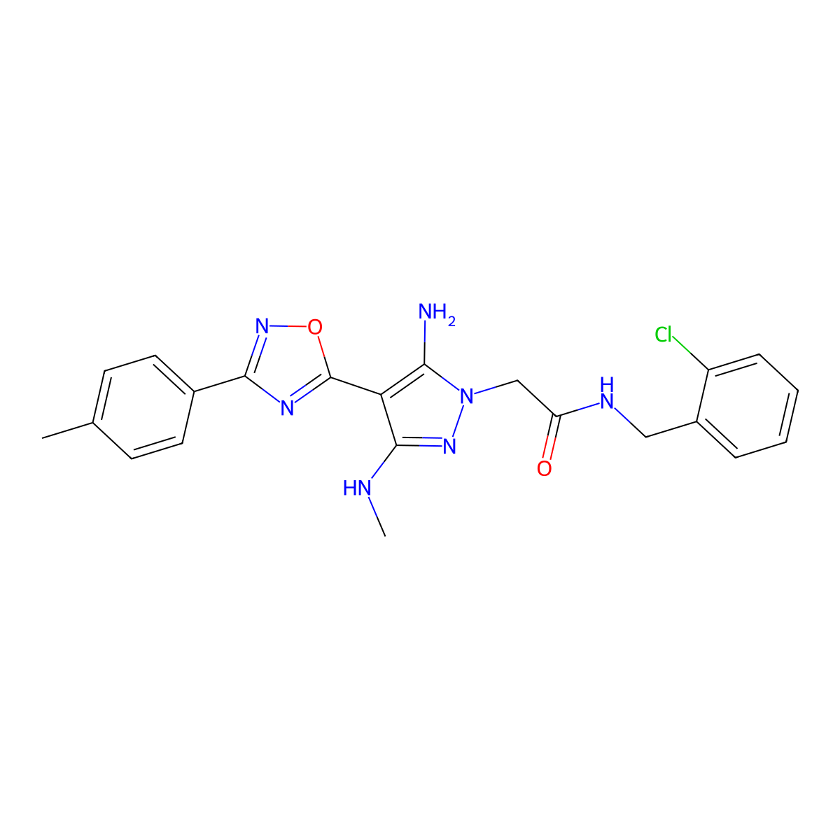 2-[5-amino-3-(methylamino)-4-[3-(4-methylphenyl)-1,2,4-oxadiazol-5-yl]-1H-pyrazol-1-yl]-N-[(2-chlorophenyl)methyl]acetamide molecular structure, CAS 1172343-93-9