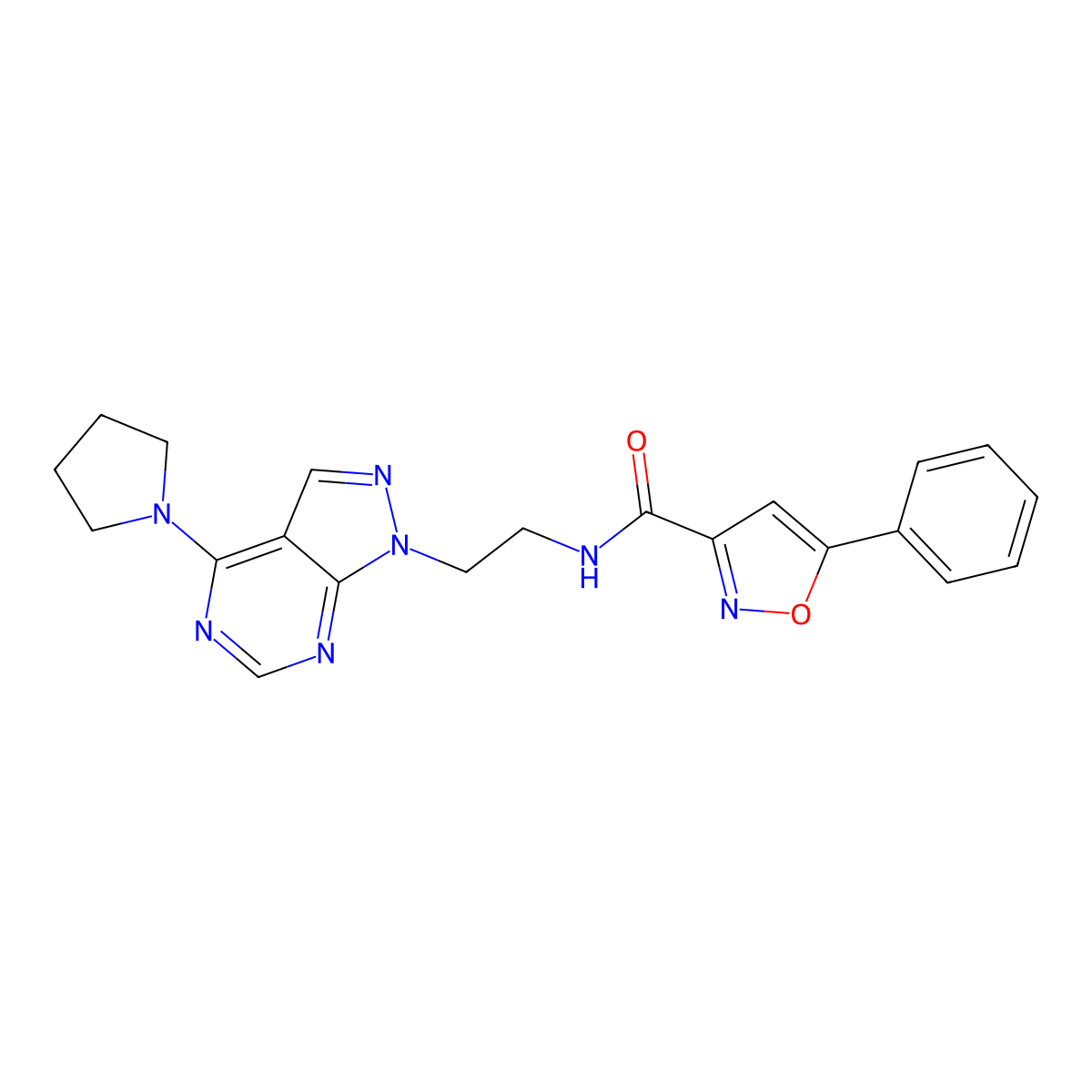 5-phenyl-N-(2-(4-(pyrrolidin-1-yl)-1H-pyrazolo[3,4-d]pyrimidin-1-yl)ethyl)isoxazole-3-carboxamide molecular structure, CAS 1172344-33-0