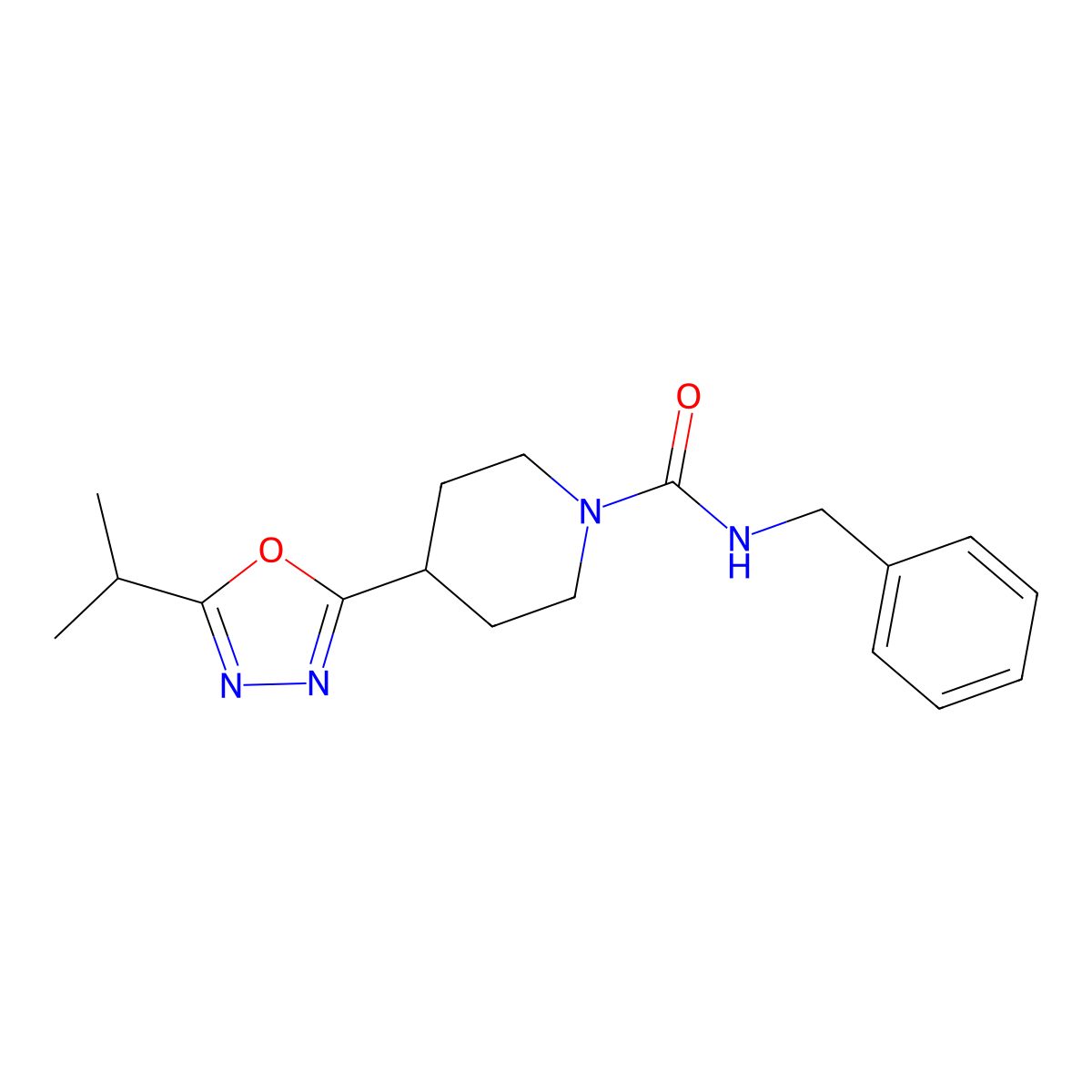 N-benzyl-4-(5-isopropyl-1,3,4-oxadiazol-2-yl)piperidine-1-carboxamide molecular structure, CAS 1172345-37-7