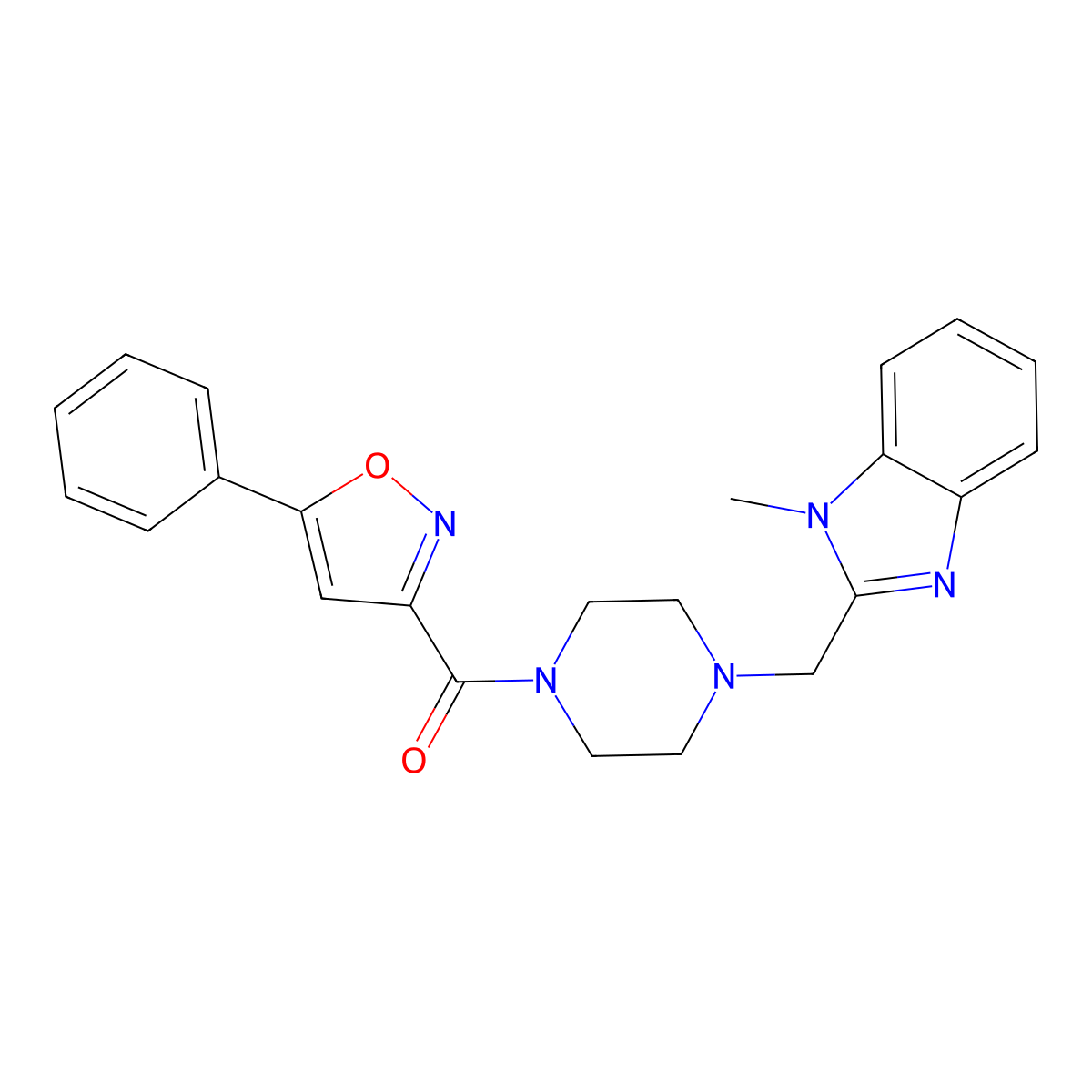 (4-((1-methyl-1H-benzo[d]imidazol-2-yl)methyl)piperazin-1-yl)(5-phenylisoxazol-3-yl)methanone molecular structure, CAS 1172346-15-4