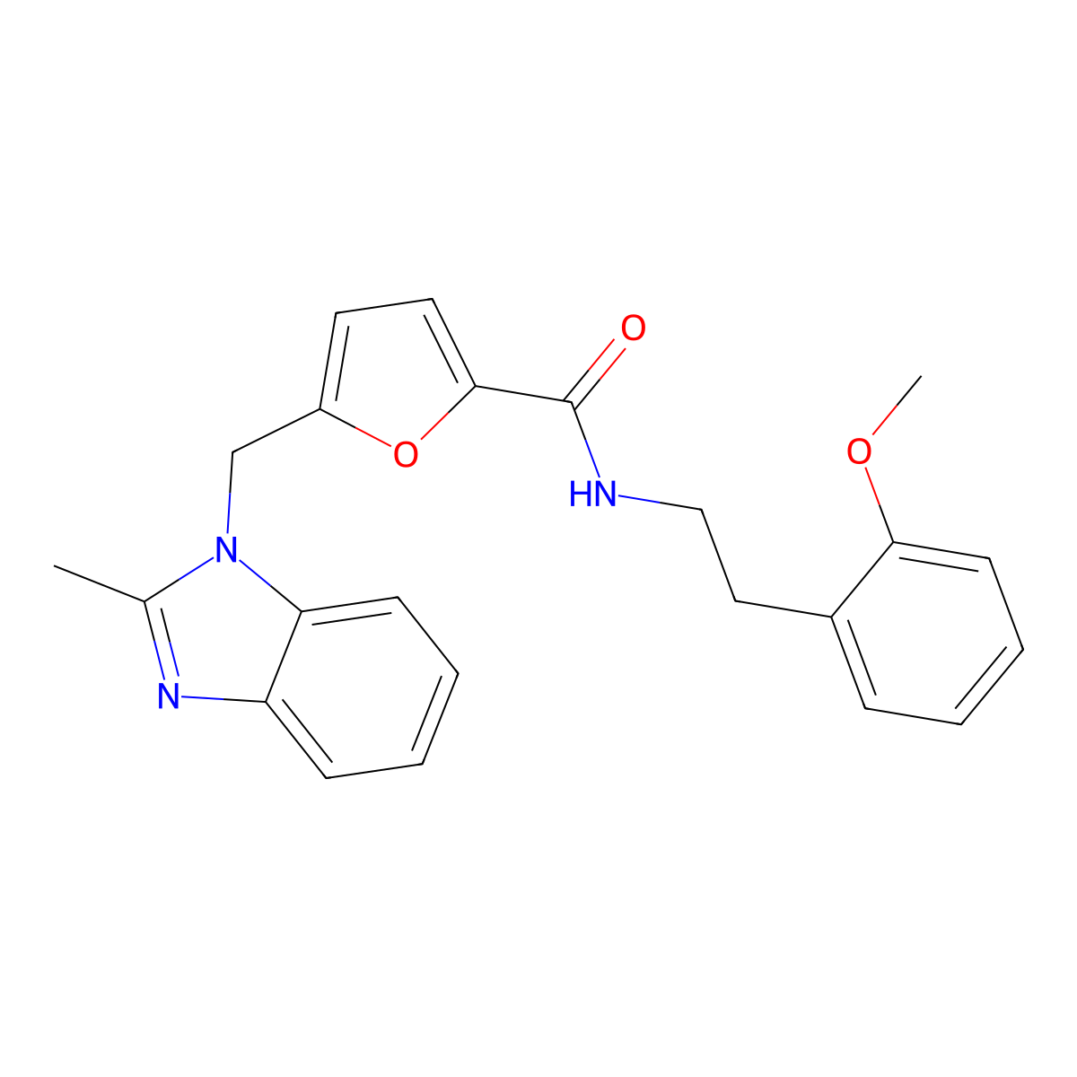 N-(2-methoxyphenethyl)-5-((2-methyl-1H-benzo[d]imidazol-1-yl)methyl)furan-2-carboxamide molecular structure, CAS 1172346-74-5