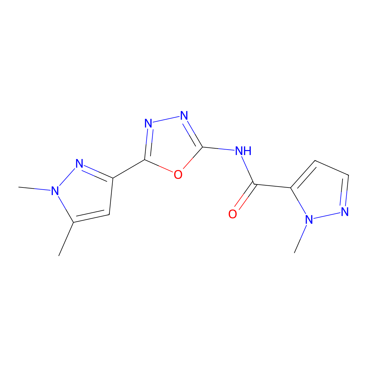 N-(5-(1,5-dimethyl-1H-pyrazol-3-yl)-1,3,4-oxadiazol-2-yl)-1-methyl-1H-pyrazole-5-carboxamide molecular structure, CAS 1172347-26-0