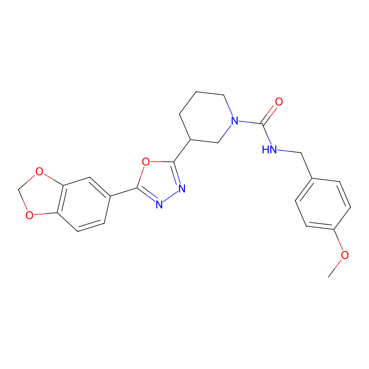 3-(5-(benzo[d][1,3]dioxol-5-yl)-1,3,4-oxadiazol-2-yl)-N-(4-methoxybenzyl)piperidine-1-carboxamide molecular structure, CAS 1172348-79-6