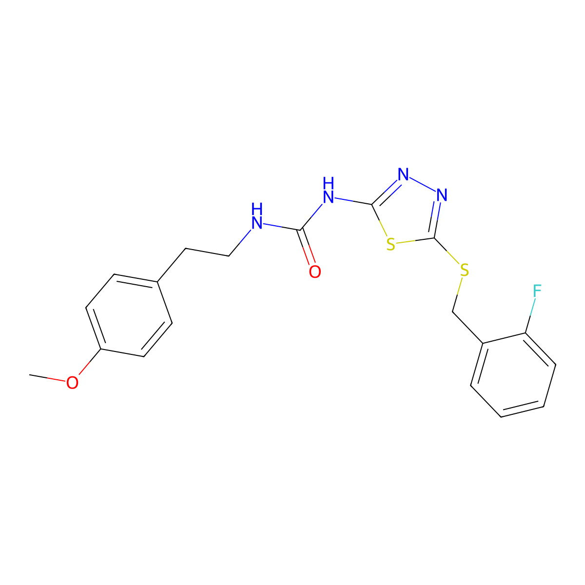 1-(5-((2-Fluorobenzyl)thio)-1,3,4-thiadiazol-2-yl)-3-(4-methoxyphenethyl)urea molecular structure, CAS 1172349-17-5