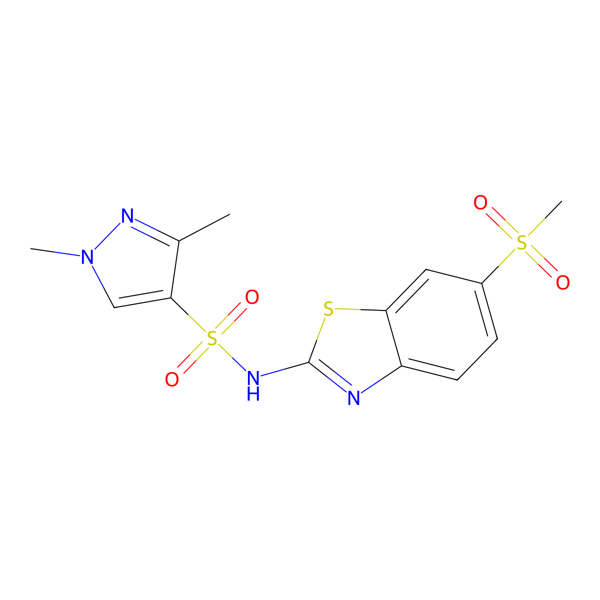 1,3-dimethyl-N-(6-(methylsulfonyl)benzo[d]thiazol-2-yl)-1H-pyrazole-4-sulfonamide molecular structure, CAS 1172350-18-3