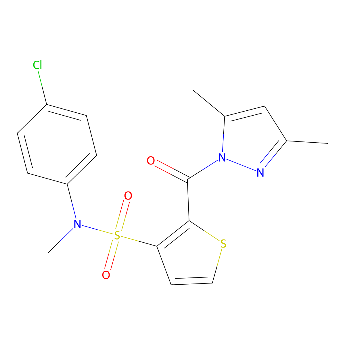 N-(4-chlorophenyl)-2-(3,5-dimethyl-1H-pyrazole-1-carbonyl)-N-methylthiophene-3-sulfonamide molecular structure, CAS 1172350-50-3