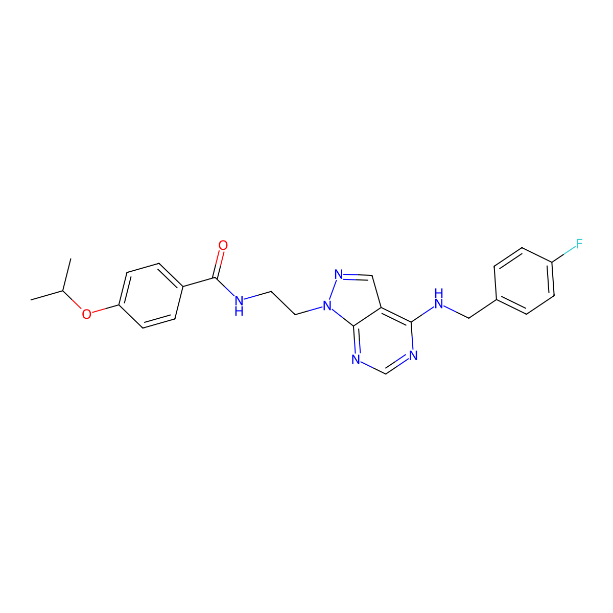 N-(2-(4-((4-fluorobenzyl)amino)-1H-pyrazolo[3,4-d]pyrimidin-1-yl)ethyl)-4-isopropoxybenzamide molecular structure, CAS 1172350-54-7