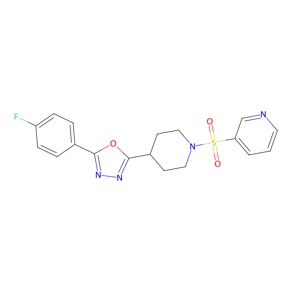 2-(4-Fluorophenyl)-5-(1-(pyridin-3-ylsulfonyl)piperidin-4-yl)-1,3,4-oxadiazole molecular structure, CAS 1172350-87-6