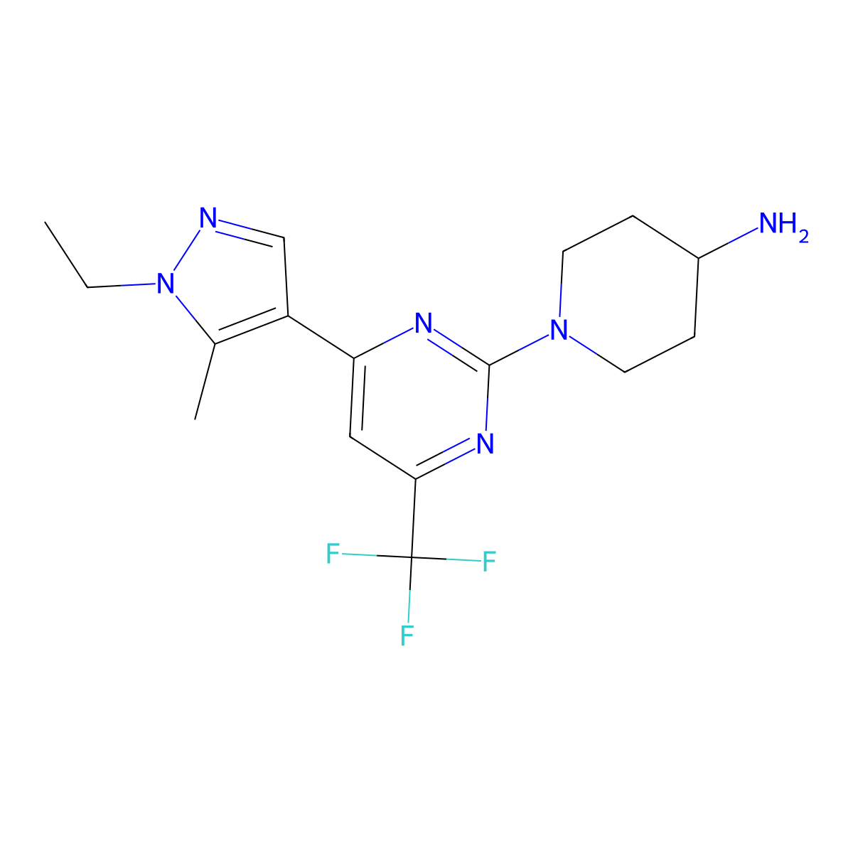 1-(4-(1-Ethyl-5-methyl-1H-pyrazol-4-yl)-6-(trifluoromethyl)pyrimidin-2-yl)piperidin-4-amine molecular structure, CAS 1172353-24-0