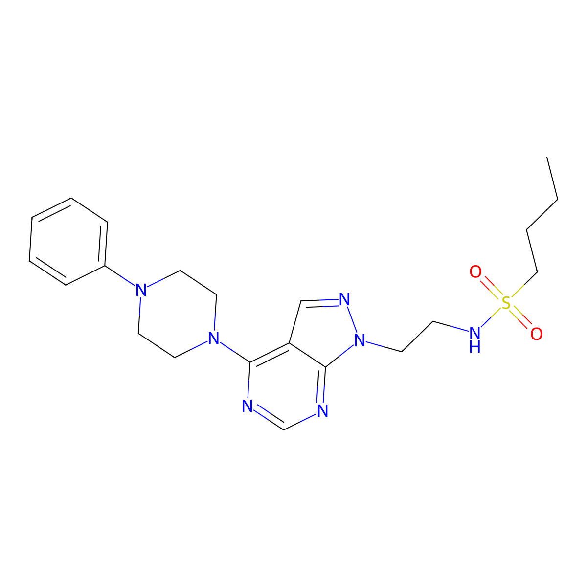 N-{2-[4-(4-phenylpiperazin-1-yl)-1H-pyrazolo[3,4-d]pyrimidin-1-yl]ethyl}butane-1-sulfonamide molecular structure, CAS 1172353-73-9