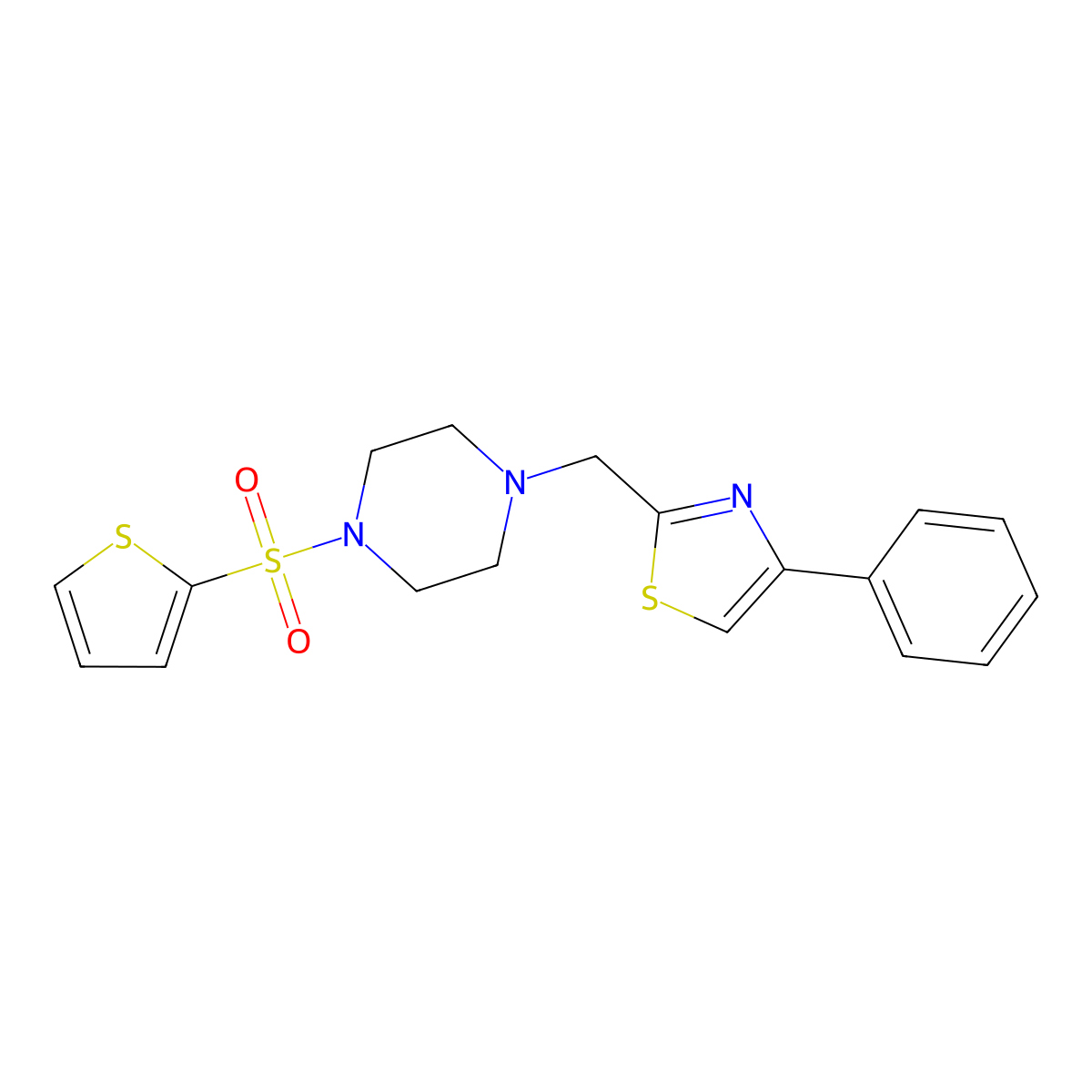 4-Phenyl-2-((4-(thiophen-2-ylsulfonyl)piperazin-1-yl)methyl)thiazole molecular structure, CAS 1172354-66-3