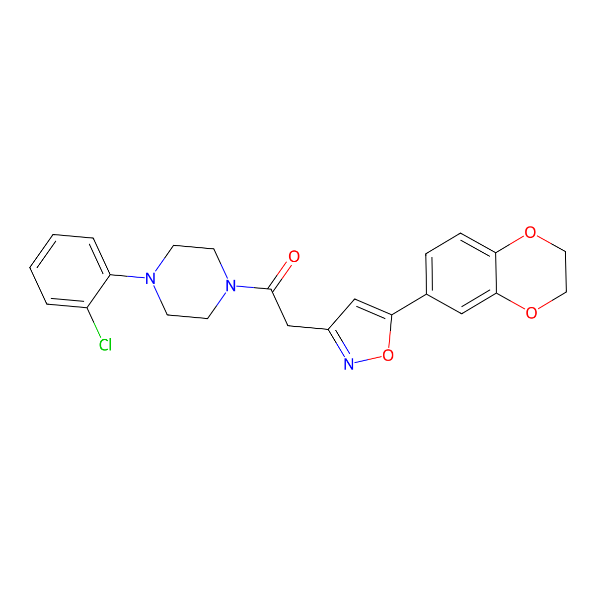 1-(4-(2-Chlorophenyl)piperazin-1-yl)-2-(5-(2,3-dihydrobenzo[b][1,4]dioxin-6-yl)isoxazol-3-yl)ethanone molecular structure, CAS 1172355-90-6