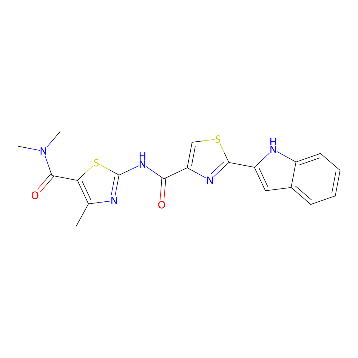 N-(5-(dimethylcarbamoyl)-4-methylthiazol-2-yl)-2-(1H-indol-2-yl)thiazole-4-carboxamide molecular structure, CAS 1172358-55-2
