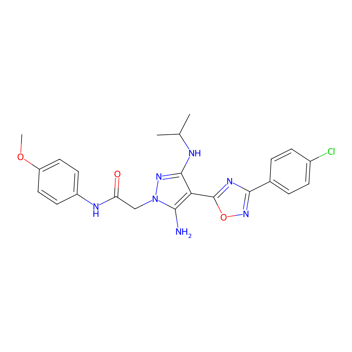 2-(5-amino-4-(3-(4-chlorophenyl)-1,2,4-oxadiazol-5-yl)-3-(isopropylamino)-1H-pyrazol-1-yl)-N-(4-methoxyphenyl)acetamide molecular structure, CAS 1172358-96-1