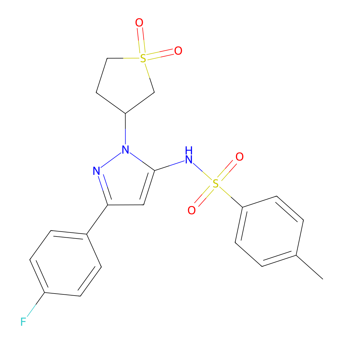 N-(1-(1,1-dioxidotetrahydrothiophen-3-yl)-3-(4-fluorophenyl)-1H-pyrazol-5-yl)-4-methylbenzenesulfonamide molecular structure, CAS 1172360-63-2