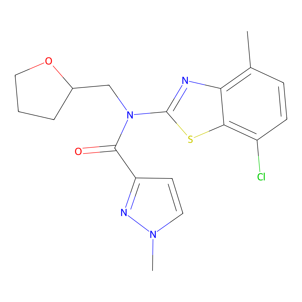 N-(7-chloro-4-methylbenzo[d]thiazol-2-yl)-1-methyl-N-((tetrahydrofuran-2-yl)methyl)-1H-pyrazole-3-carboxamide molecular structure, CAS 1172362-06-9